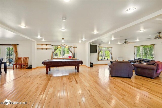 4588 Gold Mint Dr, Wasilla, AK 99654 - game room featuring light wood-style floors, healthy amount of natural light, billiards table, and ceiling fan