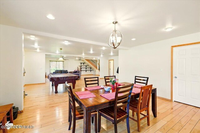 4588 Gold Mint Dr, Wasilla, AK 99654 - dining room with billiards table, light wood-style floors, stairs, recessed lighting, and a chandelier