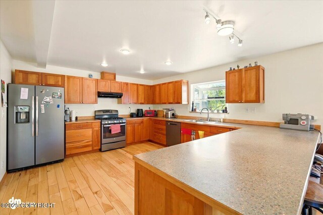 4588 Gold Mint Dr, Wasilla, AK 99654 - kitchen featuring appliances with stainless steel finishes, a sink, a peninsula, under cabinet range hood, and light wood-style floors