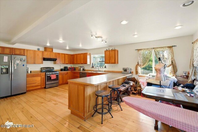 4588 Gold Mint Dr, Wasilla, AK 99654 - kitchen featuring stainless steel appliances, a peninsula, healthy amount of natural light, brown cabinets, and recessed lighting