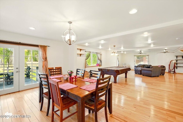4588 Gold Mint Dr, Wasilla, AK 99654 - dining area with french doors, light wood-style flooring, pool table, recessed lighting, and a chandelier