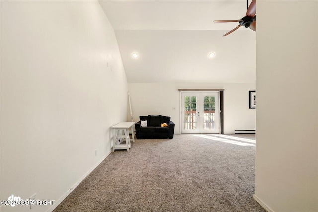 4588 Gold Mint Dr, Wasilla, AK 99654 - unfurnished room featuring french doors, a baseboard radiator, carpet flooring, ceiling fan, and high vaulted ceiling