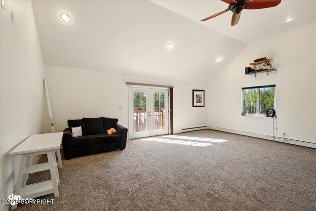 4588 Gold Mint Dr, Wasilla, AK 99654 - living area featuring french doors, carpet, lofted ceiling, healthy amount of natural light, and a ceiling fan