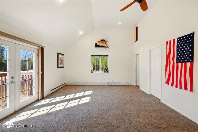 4588 Gold Mint Dr, Wasilla, AK 99654 - unfurnished room with healthy amount of natural light, french doors, a ceiling fan, carpet floors, and high vaulted ceiling