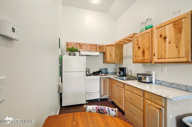 4588 Gold Mint Dr, Wasilla, AK 99654 - kitchen with white appliances, a sink, under cabinet range hood, light countertops, and high vaulted ceiling