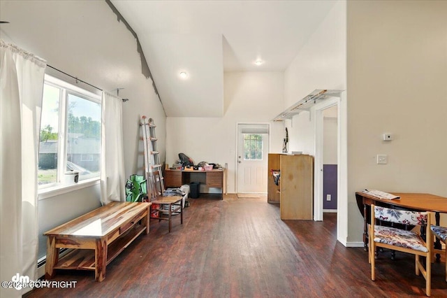 4588 Gold Mint Dr, Wasilla, AK 99654 - misc room featuring dark wood-style floors, baseboards, and lofted ceiling