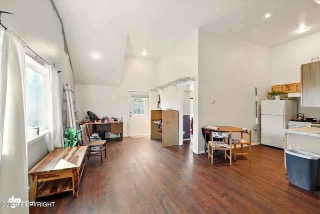 4588 Gold Mint Dr, Wasilla, AK 99654 - miscellaneous room with dark wood-style floors, lofted ceiling, baseboards, and recessed lighting