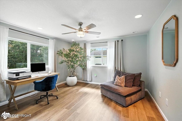 2213 N Tabasco Cat Dr, Palmer, AK 99645 - office area with wood finished floors, plenty of natural light, a ceiling fan, recessed lighting, and a textured ceiling