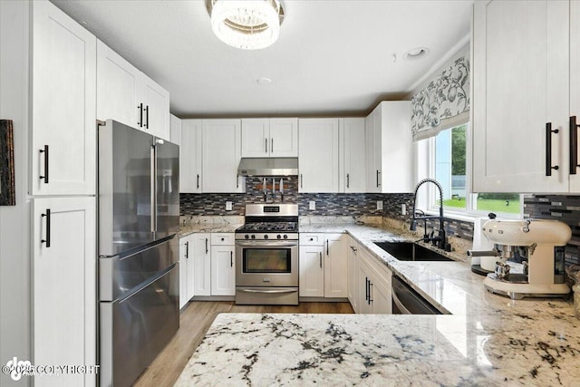 2213 N Tabasco Cat Dr, Palmer, AK 99645 - kitchen featuring appliances with stainless steel finishes, under cabinet range hood, light stone countertops, light wood-style flooring, and decorative backsplash