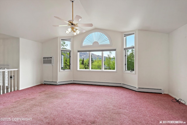 10931 Adanak Cir, Eagle River, AK 99577 - empty room with lofted ceiling, carpet flooring, a ceiling fan, baseboards, and an AC wall unit