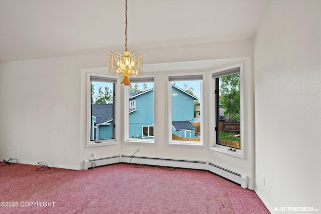 10931 Adanak Cir, Eagle River, AK 99577 - unfurnished dining area with carpet floors, a chandelier, baseboards, and baseboard heating