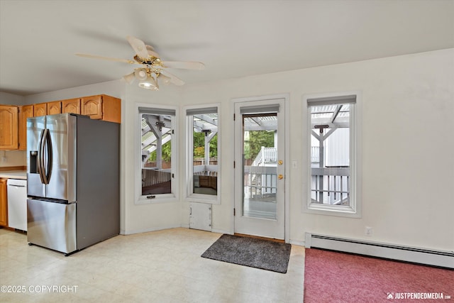 10931 Adanak Cir, Eagle River, AK 99577 - kitchen featuring stainless steel refrigerator with ice dispenser, dishwasher, a baseboard radiator, ceiling fan, and light countertops