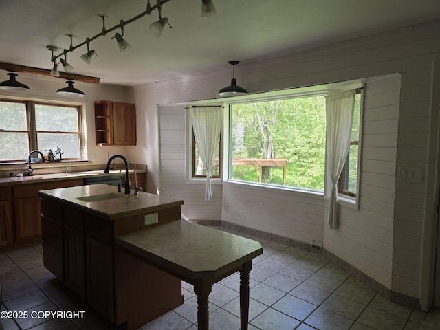 17690 E Idle Dr, Palmer, AK 99645 - kitchen featuring a sink, decorative light fixtures, open shelves, and a kitchen island with sink