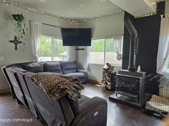 17690 E Idle Dr, Palmer, AK 99645 - living area featuring healthy amount of natural light, a wood stove, wood-type flooring, and baseboards