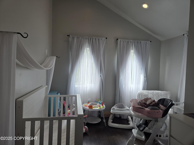 17690 E Idle Dr, Palmer, AK 99645 - bedroom with lofted ceiling, multiple windows, wood finished floors, and recessed lighting