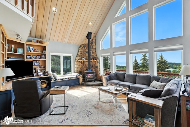 41722 Charlie Dr, Homer, AK 99603 - living area featuring high vaulted ceiling, a wood stove, and wood finished floors