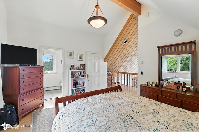 41722 Charlie Dr, Homer, AK 99603 - bedroom featuring a baseboard heating unit, beamed ceiling, high vaulted ceiling, and wood finished floors