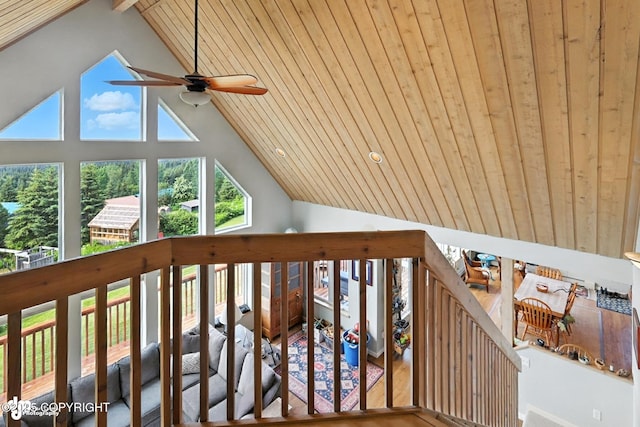41722 Charlie Dr, Homer, AK 99603 - stairway featuring a ceiling fan, wooden ceiling, and high vaulted ceiling