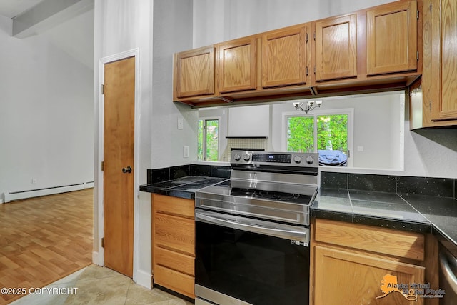 18739 Sarichef Loop, Eagle River, AK 99577 - kitchen with electric stove, dark countertops, a baseboard radiator, and light tile patterned floors