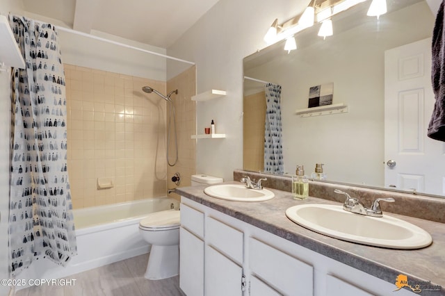 7075 Weimer Rd # 6, Anchorage, AK 99502 - bathroom with shower / tub combo with curtain, toilet, and double vanity