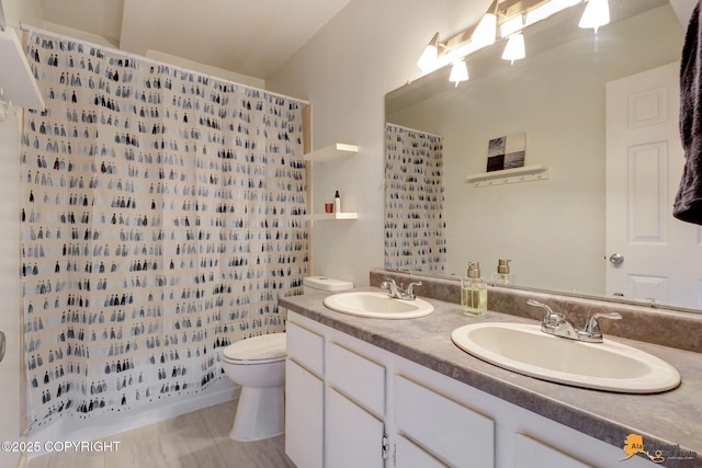 7075 Weimer Rd # 6, Anchorage, AK 99502 - bathroom with toilet, double vanity, and curtained shower