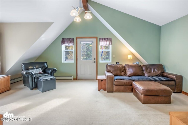 20838 Helluva St, Chugiak, AK 99567 - living room featuring a baseboard heating unit, light carpet, vaulted ceiling, and baseboards