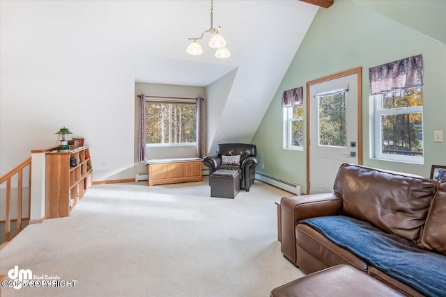20838 Helluva St, Chugiak, AK 99567 - living area featuring baseboard heating, vaulted ceiling, light carpet, a chandelier, and baseboards