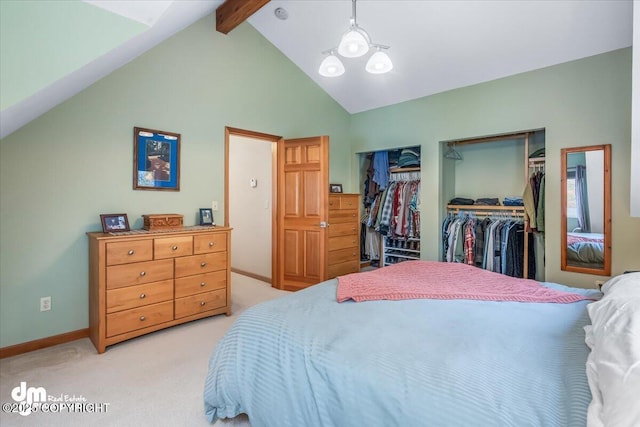 20838 Helluva St, Chugiak, AK 99567 - bedroom with beamed ceiling, light carpet, baseboards, high vaulted ceiling, and a walk in closet