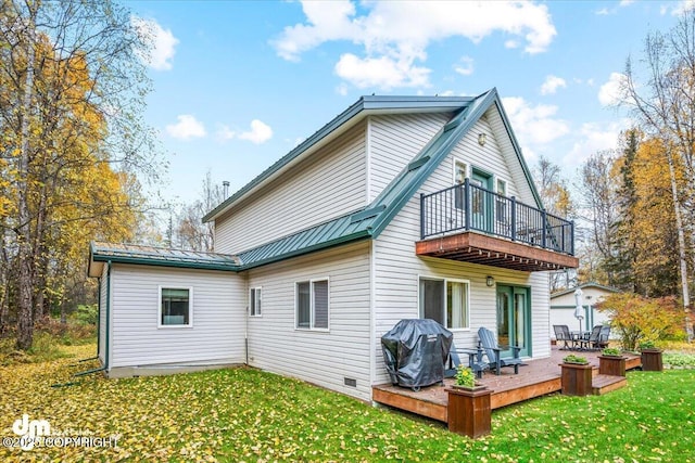 20838 Helluva St, Chugiak, AK 99567 - rear view of house with a yard, a balcony, a deck, metal roof, and crawl space