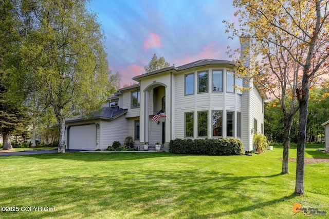 740 Botanical Heights Cir, Anchorage, AK 99515 - view of front of home featuring a chimney, a garage, a front yard, and asphalt driveway