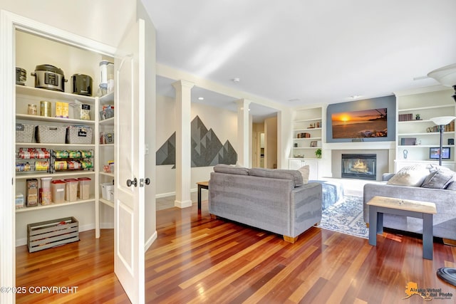 740 Botanical Heights Cir, Anchorage, AK 99515 - living room featuring decorative columns, wood finished floors, a glass covered fireplace, and built in features