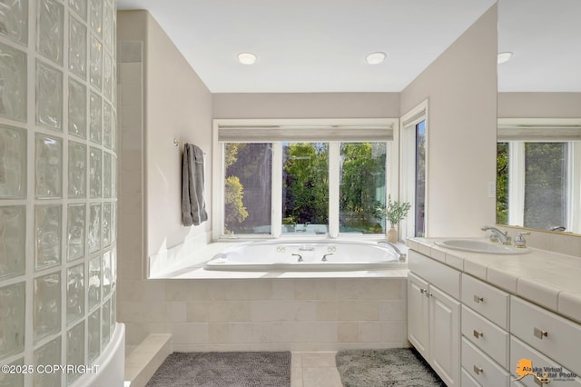 740 Botanical Heights Cir, Anchorage, AK 99515 - bathroom with a bath, tile patterned flooring, vanity, and a walk in shower