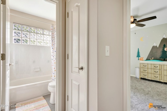 740 Botanical Heights Cir, Anchorage, AK 99515 - bathroom with toilet, vanity, ceiling fan, and shower / bath combination with curtain