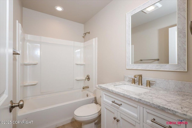 9089 E Spring Creek Cir, Palmer, AK 99645 - bathroom featuring vanity, toilet, shower / bath combination, and recessed lighting