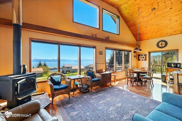 5301 N Glacier View Ct, Homer, AK 99603 - living room with a wood stove, wooden ceiling, high vaulted ceiling, and wood finished floors