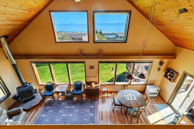 5301 N Glacier View Ct, Homer, AK 99603 - living area with a wood stove, wood ceiling, wood finished floors, healthy amount of natural light, and high vaulted ceiling