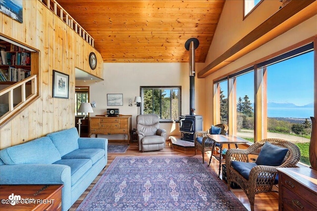 5301 N Glacier View Ct, Homer, AK 99603 - living room featuring a wood stove, wood finished floors, wooden walls, wood ceiling, and high vaulted ceiling