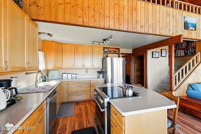 5301 N Glacier View Ct, Homer, AK 99603 - kitchen with stainless steel appliances, a sink, light brown cabinets, and light countertops