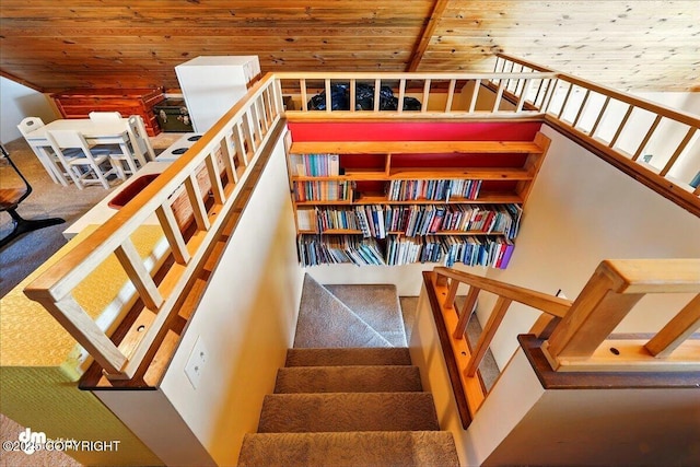 5301 N Glacier View Ct, Homer, AK 99603 - staircase with carpet flooring, wood ceiling, and a high ceiling