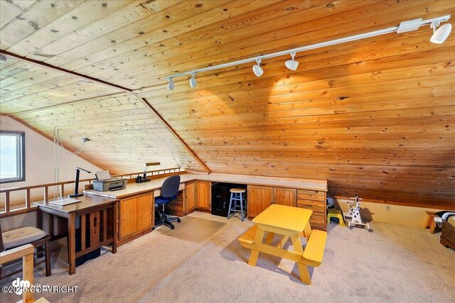 5301 N Glacier View Ct, Homer, AK 99603 - home office featuring light carpet, wood ceiling, and vaulted ceiling