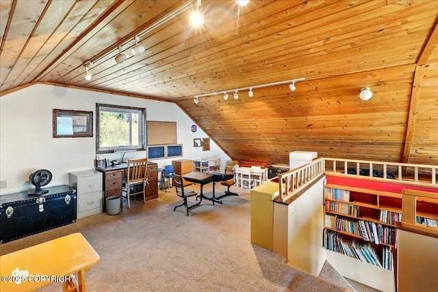 5301 N Glacier View Ct, Homer, AK 99603 - home office featuring rail lighting, wooden ceiling, carpet floors, and lofted ceiling