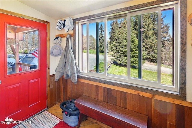 5301 N Glacier View Ct, Homer, AK 99603 - mudroom with wooden walls and lofted ceiling