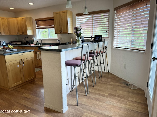 17110 E Kathy Cir, Palmer, AK 99645 - kitchen featuring dark countertops, a breakfast bar area, light wood-style floors, a peninsula, and hanging light fixtures