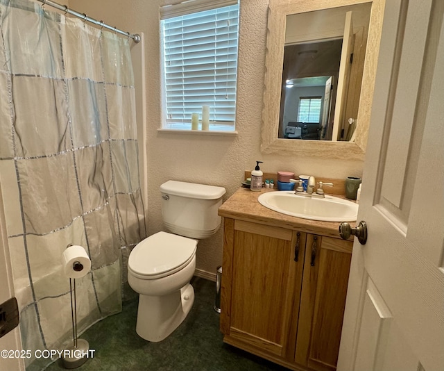 17110 E Kathy Cir, Palmer, AK 99645 - bathroom with vanity, toilet, a textured wall, and a shower with curtain