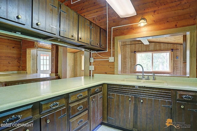 8301 W Lost Valley Rd, Wasilla, AK 99623 - kitchen featuring a sink, wooden walls, light countertops, and dark brown cabinetry