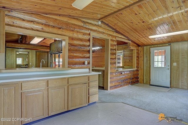8301 W Lost Valley Rd, Wasilla, AK 99623 - kitchen featuring wood ceiling, light brown cabinetry, lofted ceiling, a sink, and light countertops