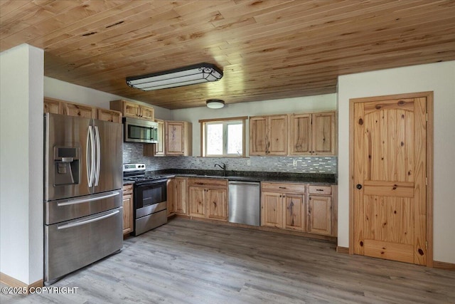 3432 Conifer Dr, North Pole, AK 99705 - kitchen featuring stainless steel appliances, dark countertops, light wood-style floors, tasteful backsplash, and wood ceiling
