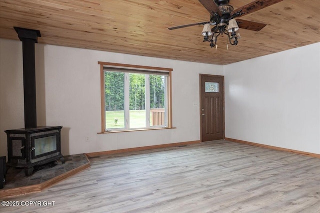 3432 Conifer Dr, North Pole, AK 99705 - unfurnished living room featuring a wood stove, wooden ceiling, wood finished floors, ceiling fan, and baseboards