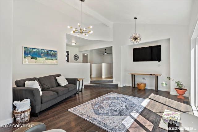 1551 S Oat St, Wasilla, AK 99654 - living area with vaulted ceiling, a chandelier, wood finished floors, and baseboards