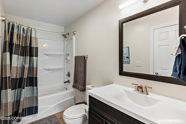 1551 S Oat St, Wasilla, AK 99654 - bathroom with vanity, shower / bath combination with curtain, toilet, and wood finished floors